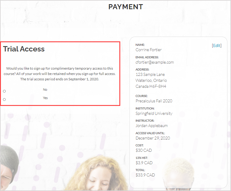 The yes and no options appear on the Trial Access page of the Webstore.
